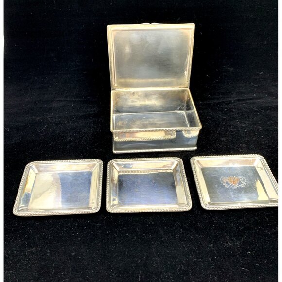 English Cheltenham Silverplate Hinged Trinket Box Silver on Copper 3 Small Trays - Picture 3 of 16